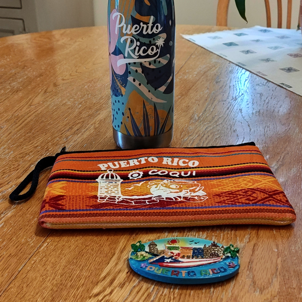 Puerto Rico Themed Makeup Pouch, Water Bottle, And Magnet Set
